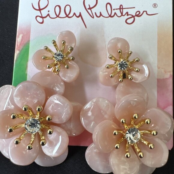 NWT Lilly Pulitzer Earrings Pink CZ Goldtone Flower Pierced Gift Bag - Picture 4 of 10